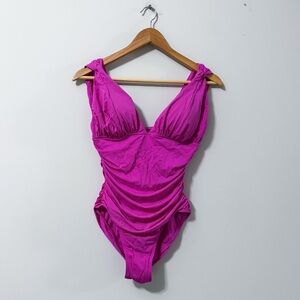 Carmen Marc Valvo Swimswear Pink Rouched Waist Draped One Piece Swimsuit